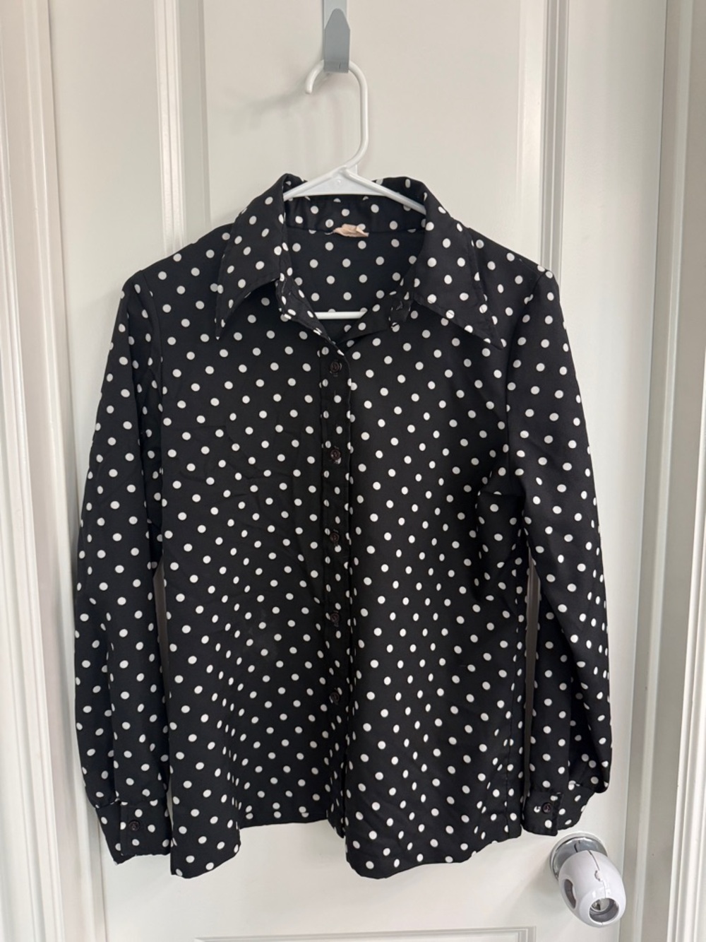 Vintage Black & White Polka Dot Button-Up Blouse